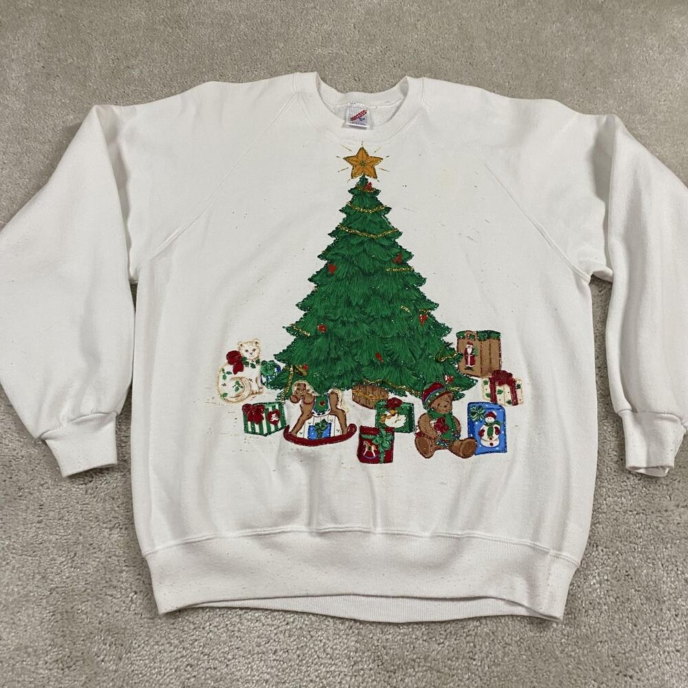 VTG Christmas Sweatshirt Womens L White Christmas Tree Glitter Grandma 90s‎